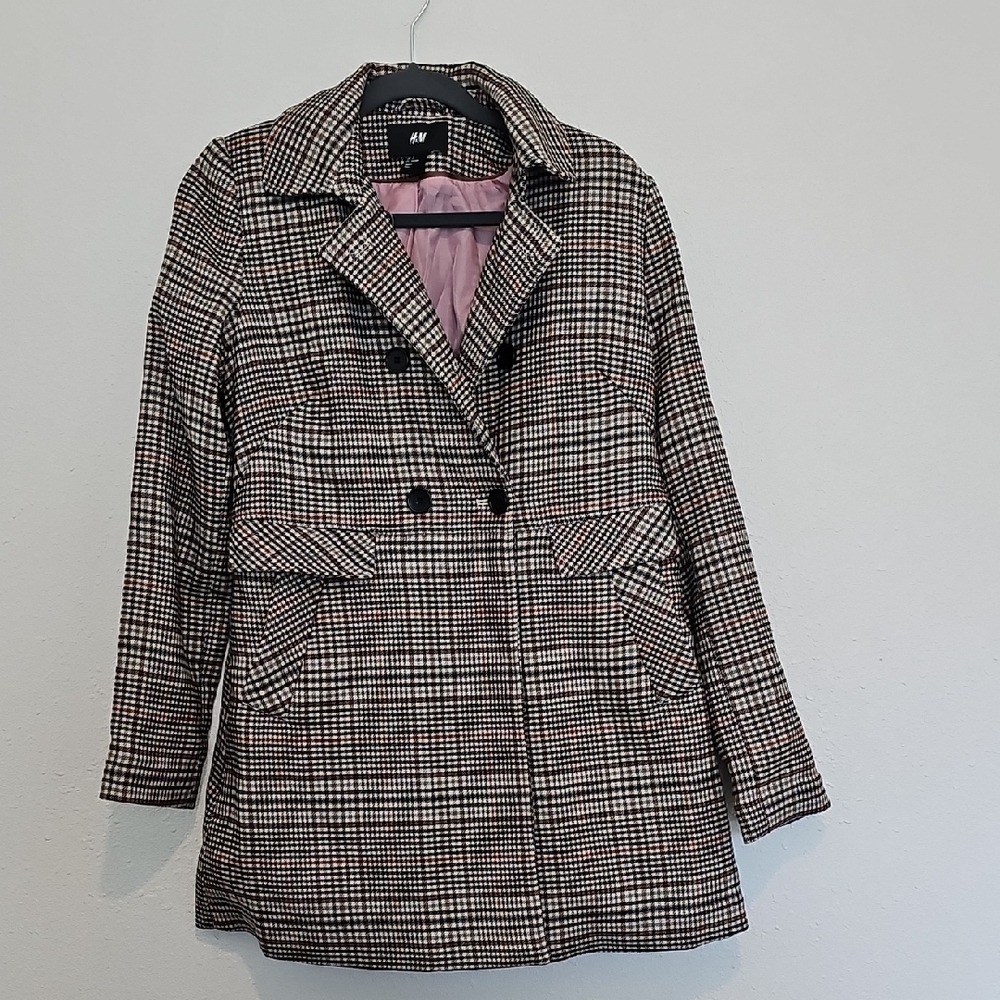 H&M Women's Black and White Plaid Pea Coat